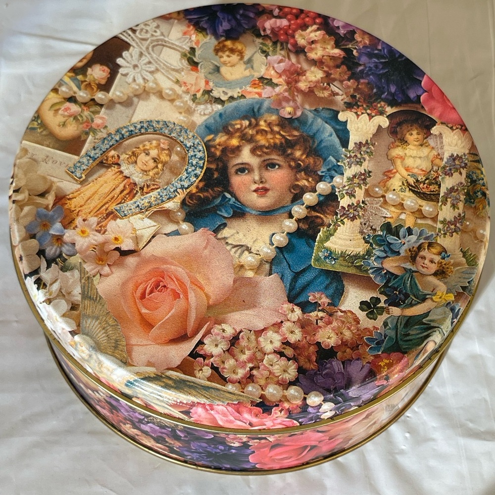 Vintage 1994 Savonette Cherub Floral Metal Tin Cottagecore Trinket Box
